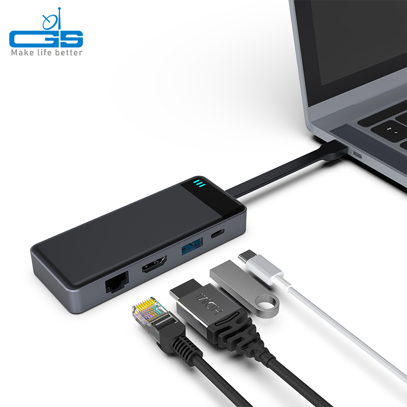 USB-C to USB-C(PD+USB-C3.0 data)+USB-A3.0+4K HDMI+GIGA RJ45